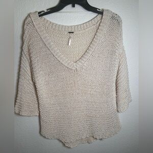 Free People Cream V-Neck  Cable Knit Sweater Short Sleeve Oversized Sz Small